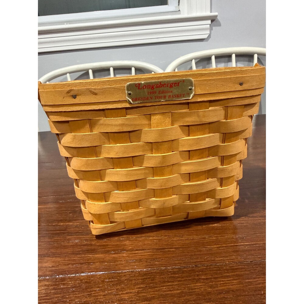 Longaberger 1999 Edition Dresden Tour Basket Wood Swing Handle Metal Plaque Hand